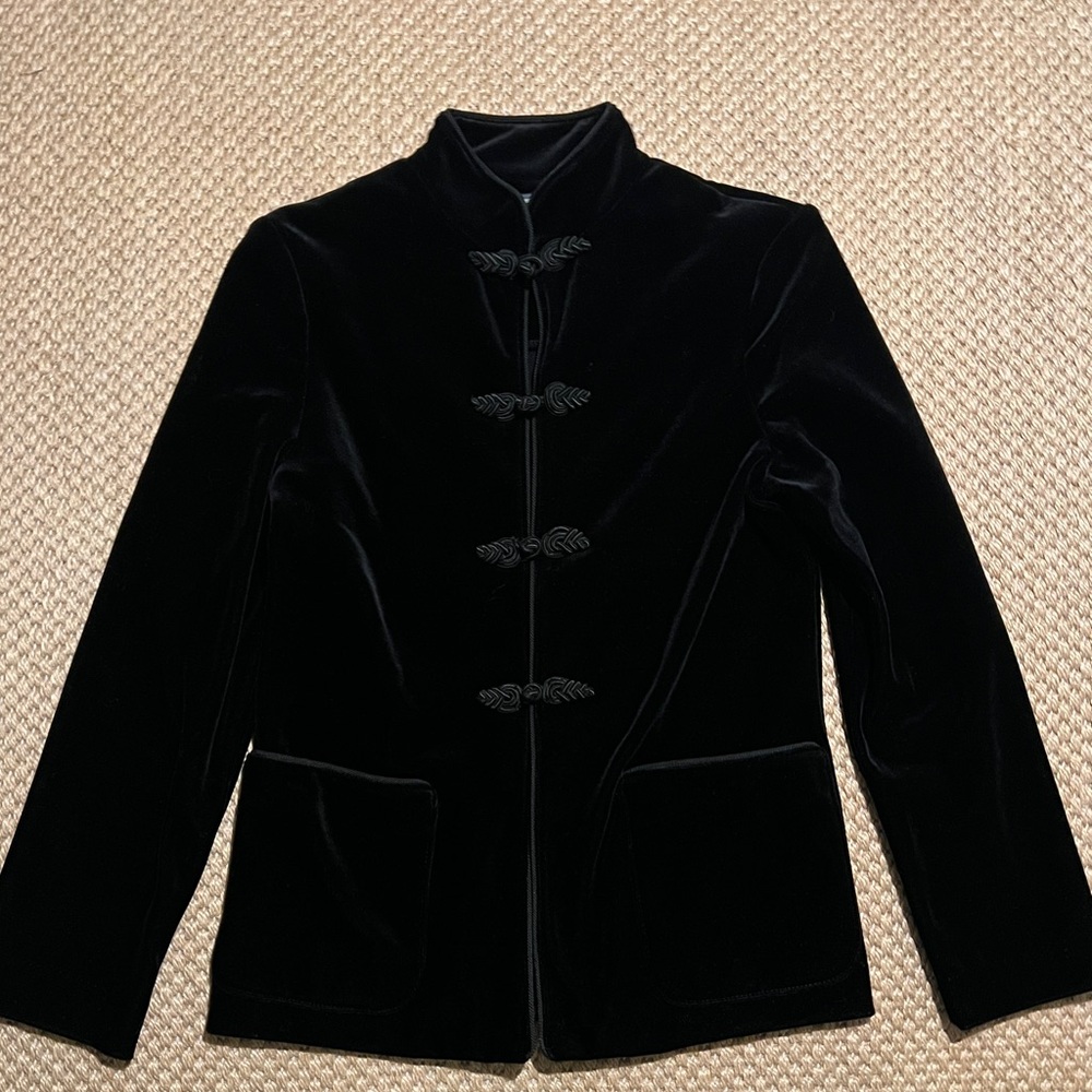 Vintage Act III Black Velvet Jacket Mandarin Collar Frog Knot Button Closure